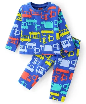 Babyhug Cotton Knit Full Sleeves Night Suit With Bus Print - Blue