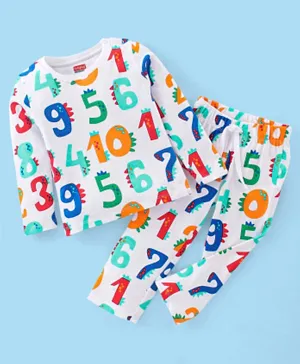 Babyhug Cotton Single Jersey Knit Full Sleeves Night Suit Numbers Print - White