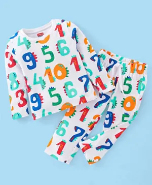 Babyhug Cotton Single Jersey Knit Full Sleeves Night Suit Numbers Print - White