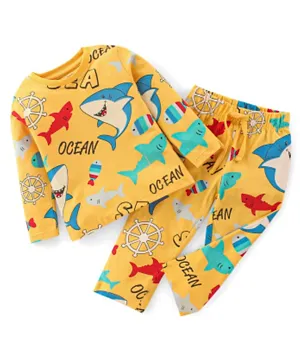 Babyhug Cotton Single Jersey Knit Full Sleeves Night Suit Marine Life Print - Yellow