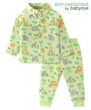 Babyoye 100% Cotton With Eco Jiva Finish Full Sleeves Night Suit/Co-ord Set With Animals Print - Green