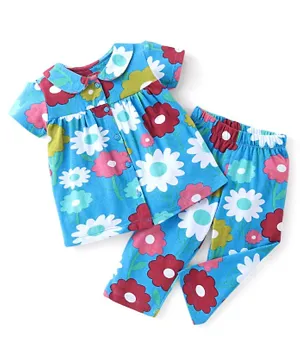 Babyhug Cotton Knit Half Sleeves Night Suit With Floral Print - Blue