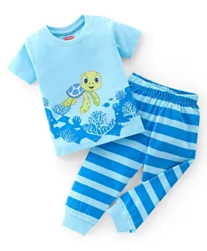 Babyhug Cotton Single Jersey Knit Half Sleeves Night Suit Stripes & Turtle Print - Blue