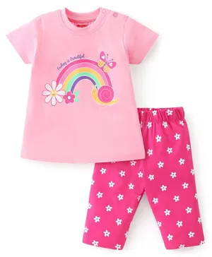 Babyhug Cotton Knit Half Sleeves Capri Night Suit With Rainbow Print - Pink
