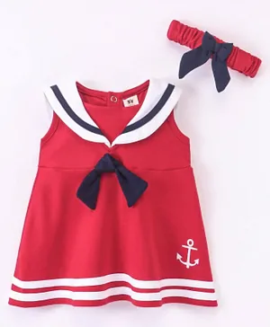 ToffyHouse Cotton Knit Sleeveless Frock with Anchor Embroidery & Headband - Red