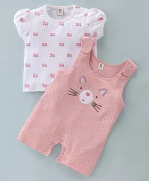 ToffyHouse Cotton  Dungaree Style Romper & Half Sleeves T-Shirt Set Kitty Print - Pink & White