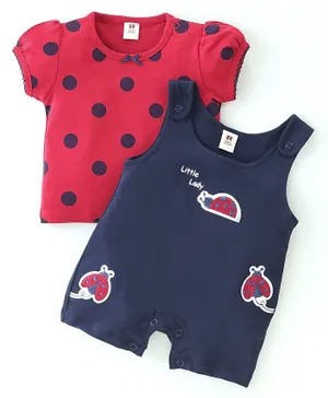 ToffyHouse Cotton Knit Bug Patch Dungaree Style Romper with Half Sleeves Polka Dots Printed Inner Tee - Navy Blue & Red