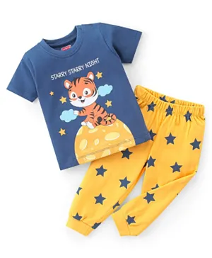 Babyhug Single Jersey Knit Half Sleeves Night Suit Star & Tiger Print - Navy & Yellow