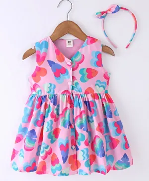 ToffyHouse Woven Cotton Sleeveless Frock with Heart Print - Multi Color