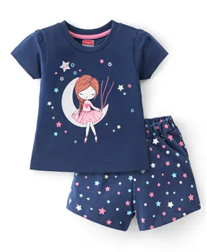 Babyhug Cotton Knit Half Sleeves Night Suit With Star Print - Navy Blue