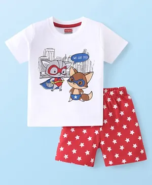 Babyhug Cotton Knit Half Sleeves Night Suit With Fox Print - White & Red