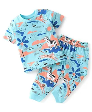 Babyhug Cotton Knit Half Sleeves Night Suit With Zebra Print - Blue