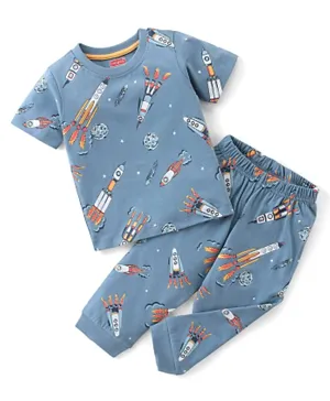 Babyhug Cotton Single Jersey Knit Half Sleeves Night Suit/Co-ord Set Space Theme - Blue