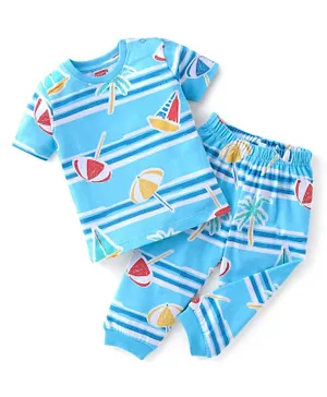 Babyhug Cotton Knit Half Sleeves Night Suit With Beach Theme Print - Blue