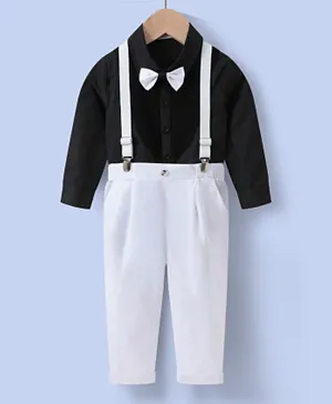 Kookie Kids Solid Shirt & Trousers Set With Suspenders & Bow Tie - White & Black