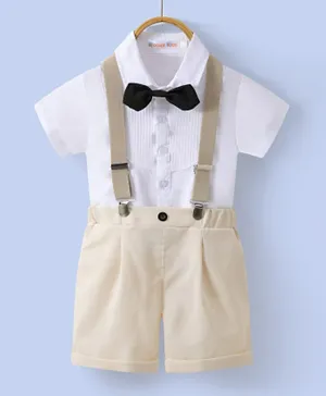 Kookie Kids Solid Shirt & Short Bottom Set With Suspenders & Bow Tie - White & Beige