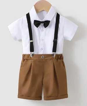 Kookie Kids Shirt with Bow and Pants with  Suspender Set - White & Brown