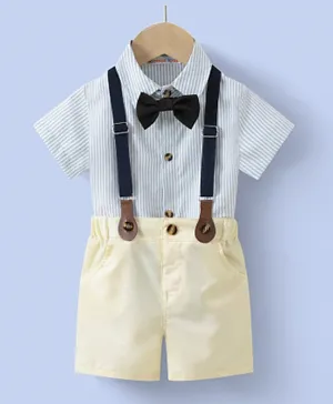 Kookie Kids Shirt with Bow and Pants with  Suspender Set - Blue & Pale Yellow