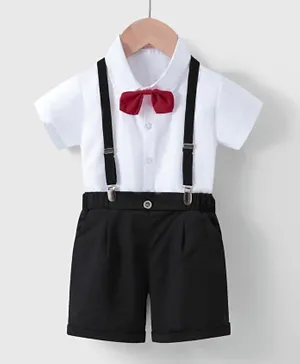 Kookie Kids Solid Shirt & Short Bottom Set With Suspenders & Bow Tie - White & Black