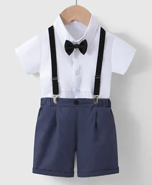 Kookie Kids Solid Shirt & Short Bottom Set With Suspenders & Bow Tie - White & Blue