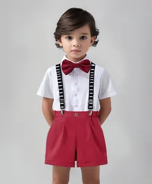 كووكي كيدز - طقم قميص بفيونكة وسروال بحمالات مزينة بطبعة - أبيض، احمر