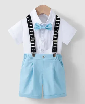 Kookie Kids Solid Shirt & Short Bottom Set With Moustache Print Suspenders & Bow Tie - White & Blue