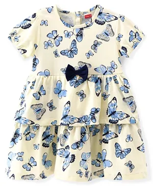 Babyhug Cotton Jersey Knit Half Sleeves Frock with Butterfly Print - Yellow