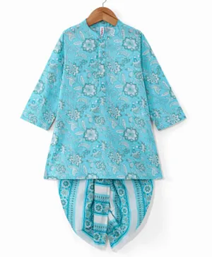 Babyhug 100% Cotton Woven Full Sleeves Kurta & Dhoti Set With Floral Print - Blue