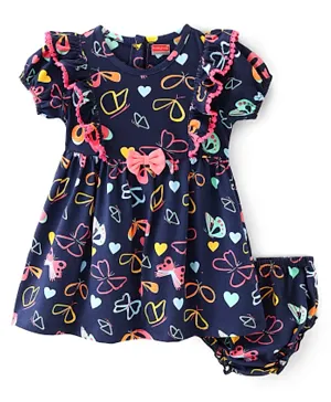 Babyhug Cotton Jersey Frill Sleeves Butterfly Printed Frock With Bloomer - Navy
