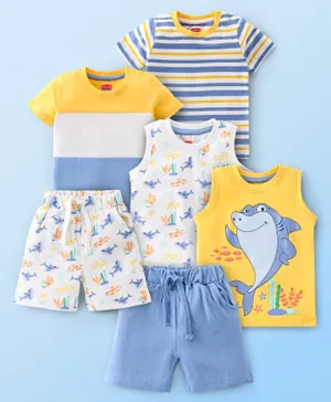 Babyhug Single Jersey Knit Half Sleeves Striped T-Shirts & Shorts/Co-ord Set Shark Print Pack of 6 - Blue/White/Yellow