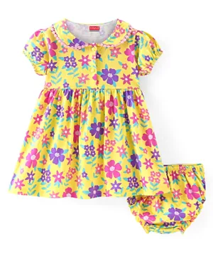 Babyhug 100% Cotton Jersey Knit Half Sleeves Frock With Bloomer Floral Print - Yellow