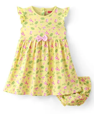 Babyhug Cotton Jersey Knit Frill Sleeves Frock With Bloomer Floral Print - Yellow