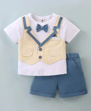 ToffyHouse 100% Cotton Woven Half Sleeves T-Shirt with Attached Striped Waist Coat & Shorts - White & Blue
