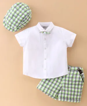 ToffyHouse Cotton Half Sleeves Solid Shirt with Yarn Dyed Checks Shorts & Cap Set - Neon Green