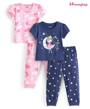 Honeyhap Premium 100% Cotton Single Jersey With Bio Finish Half Sleeves Night Suits/Co-ord Set Moon & Clouds Print Pack Of 2 - Rose Shadow & Navy Peony