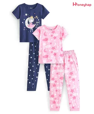 Honeyhap Premium 100% Cotton Single Jersey With Bio Finish Half Sleeves Night Suits/Co-ord Set Moon & Clouds Print Pack Of 2 - Rose Shadow & Navy Peony