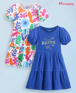 Honeyhap Premium 100% Cotton Single Jersey Half Sleeves Frock With Bio Finish Pack Of 2 - Princess Blue & Bright White