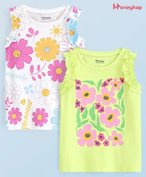 Honeyhap Premium 100% Cotton Single Jersey Sleeveless Top With Bio Finish Floral Print Pack Of 2 - Bright White & Sunny Lime