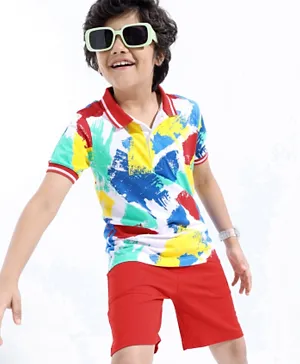 Ollington St. 100% Cotton Knit Half Sleeves Polo T-Shirt & Shorts Set with Abstract Print – Multicolor