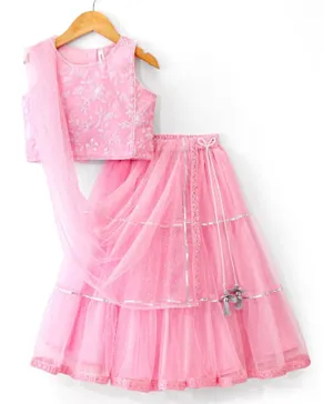 Babyhug  Sleeveless Net Embroidered Lehenga Choli and Dupatta Set- Pink