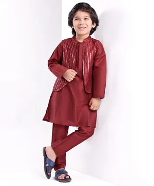 Babyhug Woven Full Sleeves Solid Colour Pathani Kurta Pyjama Set with Sequined Embroidered Jacket - Maroon