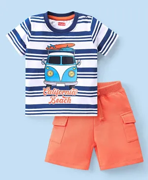 Babyhug Single Jersey Knit Half Sleeves T-Shirt & Shorts Set with Stripes & Bus Print - Blue & Peach