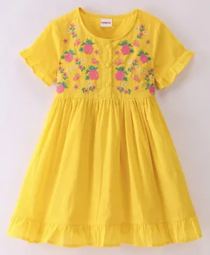 Babyhug Viscose Half Sleeves Frock With Cotton Lining & Floral Embroidery - Yellow