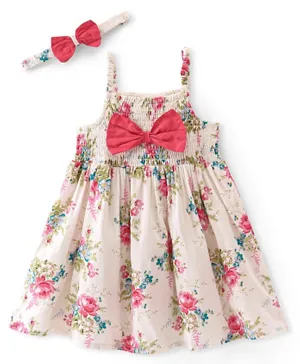 Babyhug Viscose Sleeveless Frock with Cotton Lining & Floral Print - White & Pink