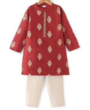 Babyhug Woven Full Sleeves Kurta & Pyjama Set With Zari Embroidery - Red
