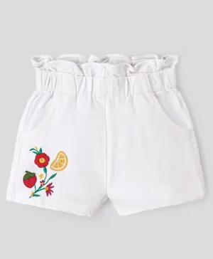 Bonfino Cotton Elastane Denim Shorts With Paper Bag Ruffles & Floral Embroidery - White