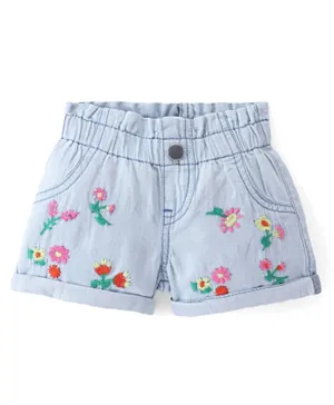 Bonfino 100% Cotton Elasticated Waist Denim Shorts with Floral Embroidery - Light Blue