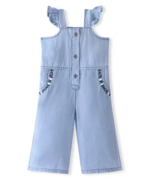 Bonfino 100% Cotton Sleeveless Frilled Jumpsuit With Floral Embroidery - Light Blue