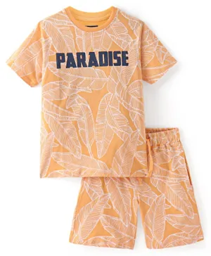Pine Kids 100% Cotton Knit Half Sleeves Night Suit/Co-ord Set Leaf Print - Orange
