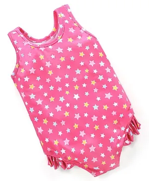 Babyhug Sleeveless V Cut Swimsuit Frill Design & Star Print - Pink